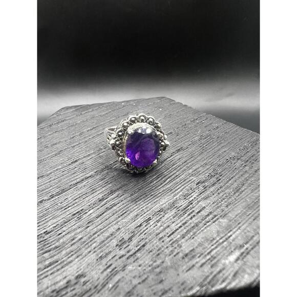 Sterling Silver Marcasite Purple Amethyst Ring Size 6 - Picture 8 of 9